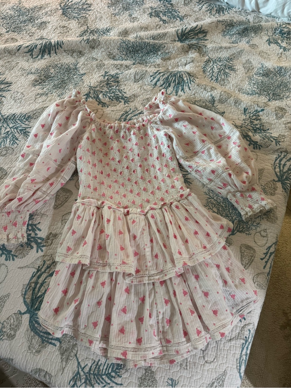 LoveShackFancy White Mini Dress with Pink Floral Print